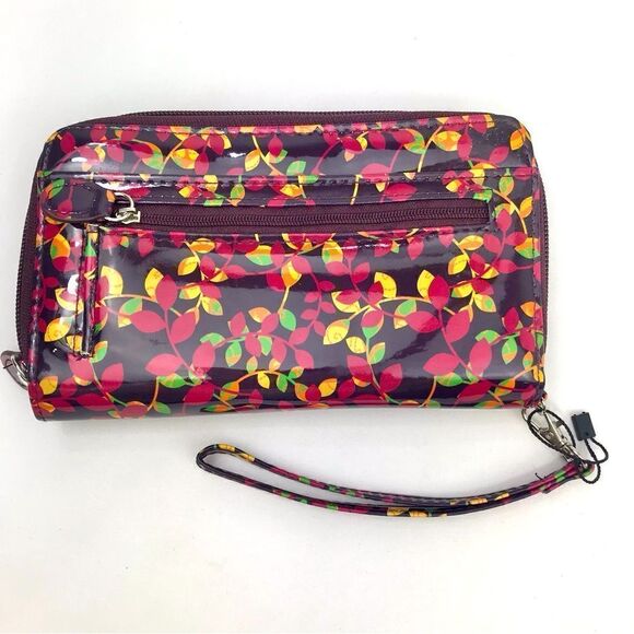 Mundi Burgundy Leaf Pattern Zip Safe Keeper Theft Protect Flap Wristlet Wallet - Picture 4 of 16